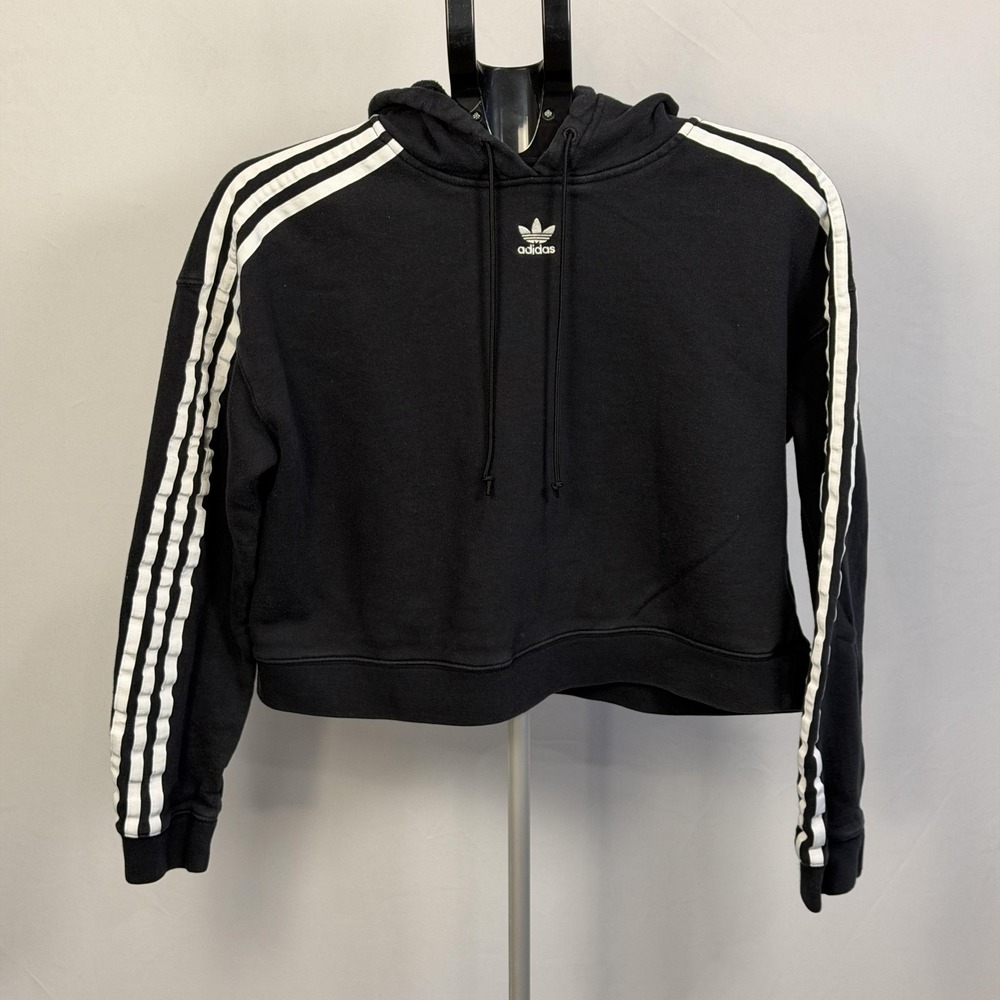 Adidas Originals Hoodie Womens Medium Black Pullover 3 Stripe Trefoil Cropped
